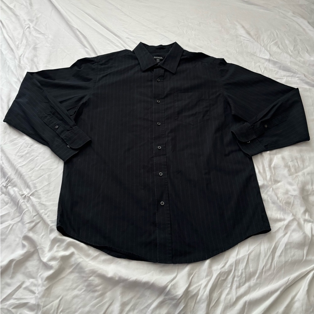 George Men’s Long Sleeve Black Stripped Button Down Size Large Polo Dress Shirt